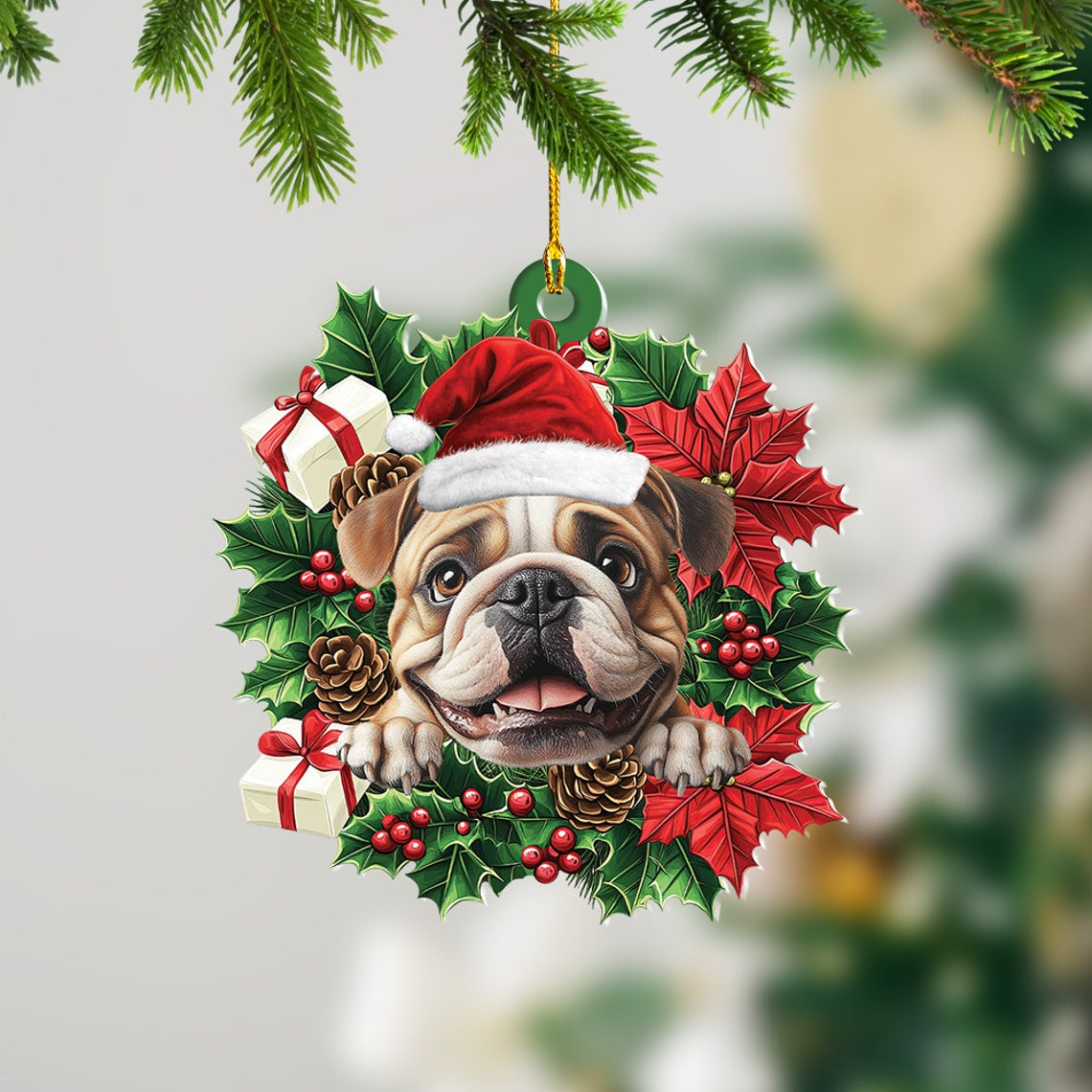 English Bulldog Christmas Wreath Ornament, Cute English Bulldog Christmas Tree Ornament