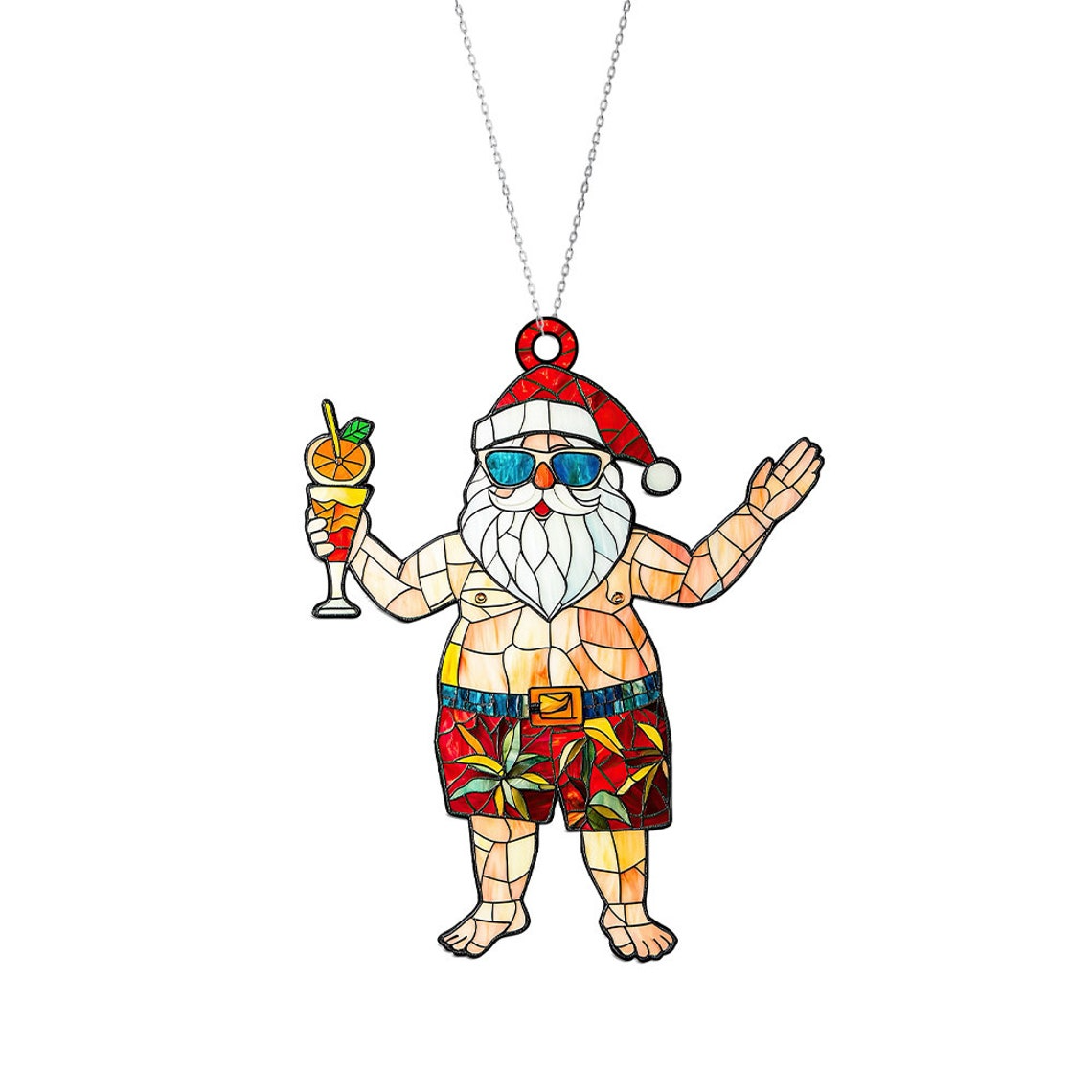 Hawaii Santa Claus with Drink Christmas Suncatcher, Funny Santa Claus Ornament Decor Home