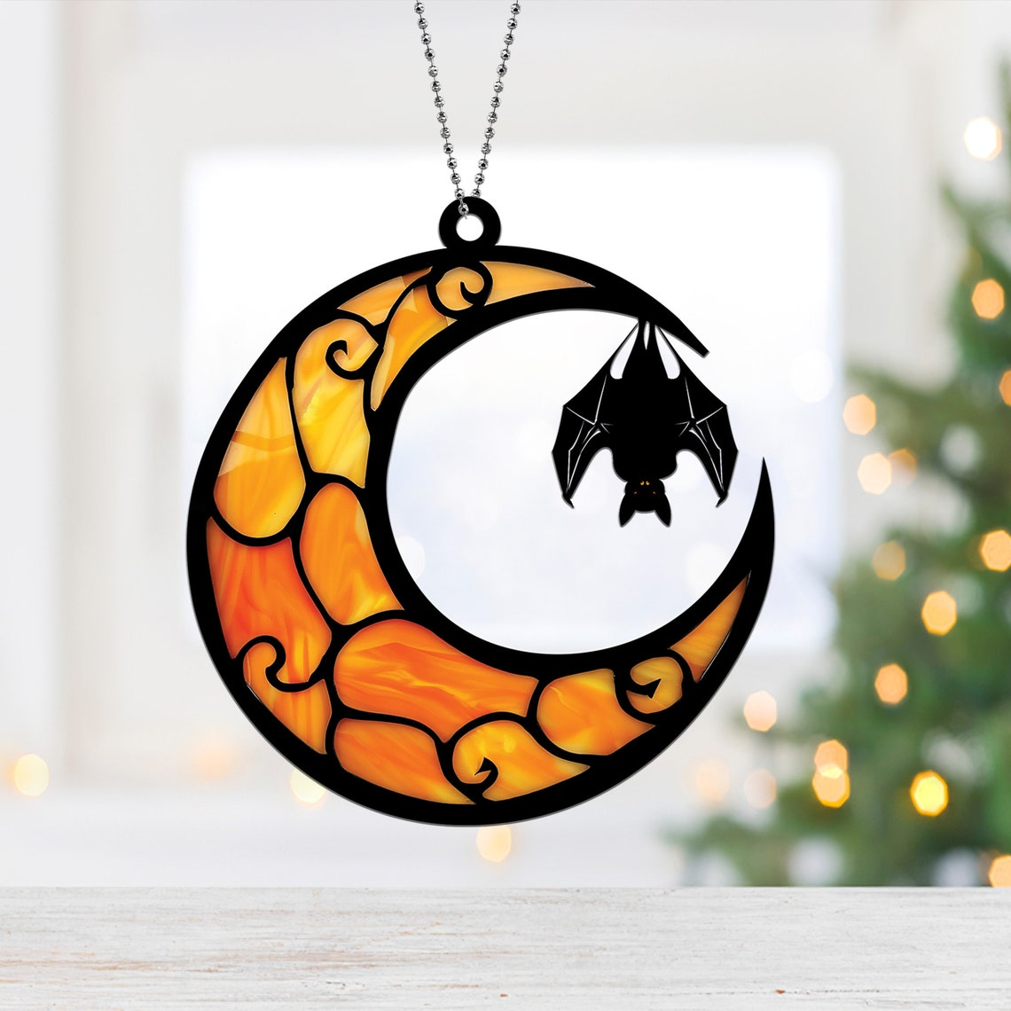 Bat Moon Halloween Window Hanging Suncatcher Ornament, Bat Hanging Ornament Decor