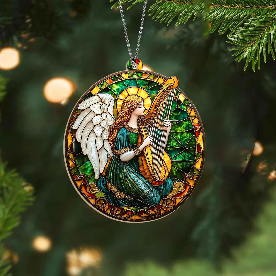 Angel With Harp Christmas Suncatcher, Angel With Harp Window Hanging Ornament Decor