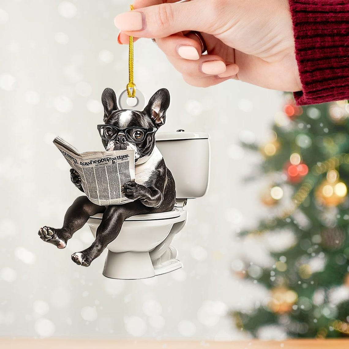 Boston Terrier Dog Sitting On Toilet Ornament, Boston Dog Reading Newspaper Ornament