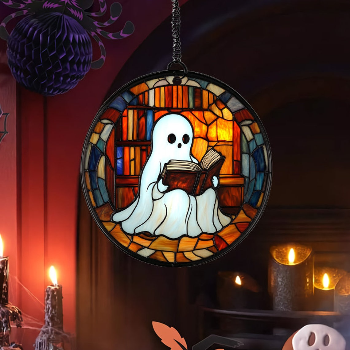 Ghost Reading Book at the Library Suncatcher, Ghost Hanging Ornament Home Decor