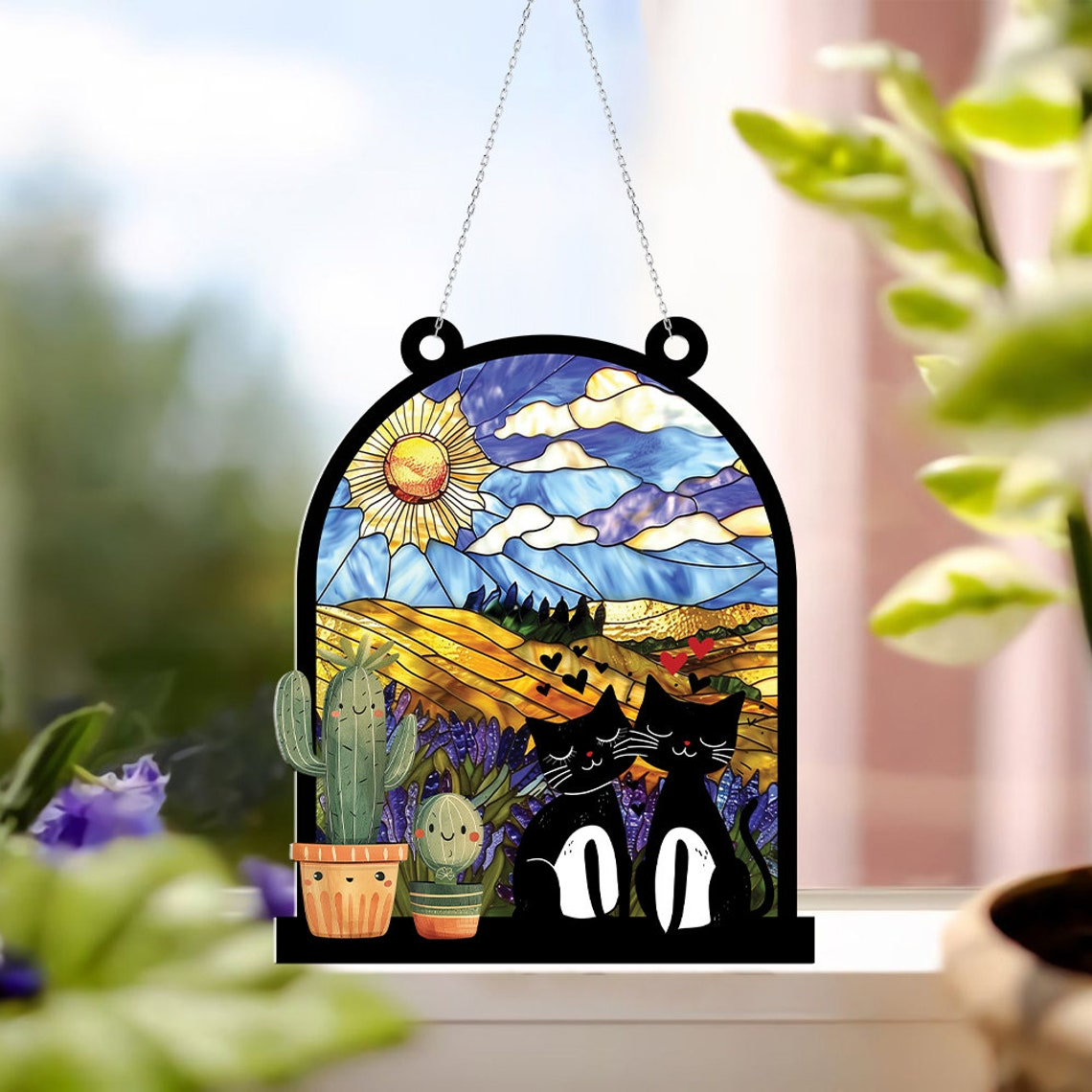 Black Cat Couple Hanging Suncatcher, Cute Cat Couple Window Hanging Decor