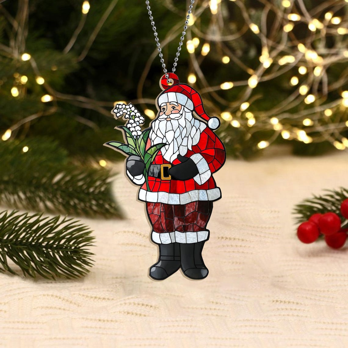 Santa Claus with Lily Of The Valley Suncatcher, Lily Of The Valley Suncatcher Ornament Gift