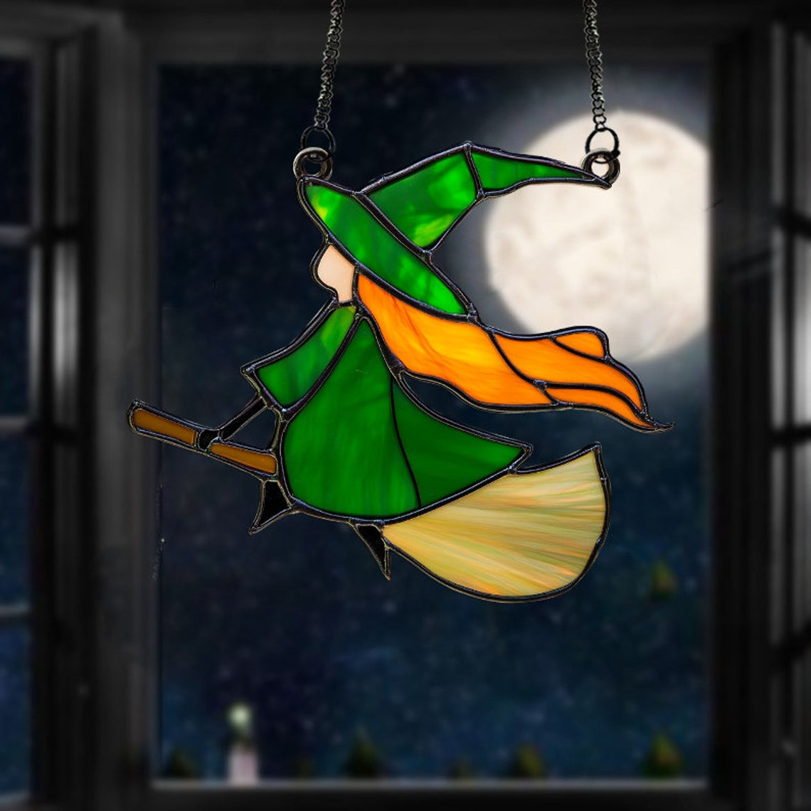 Little Witch Riding Broomstick Suncatcher, Halloween Witch Window Hanging Decor