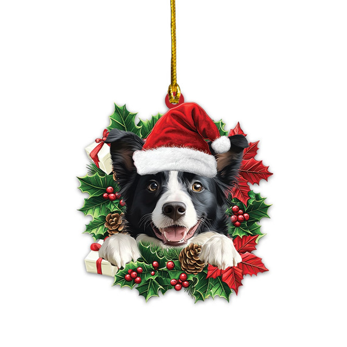 Border Collie Dog Christmas Wreath Ornament, Border Collie Dog Car Ornament Holiday Gift