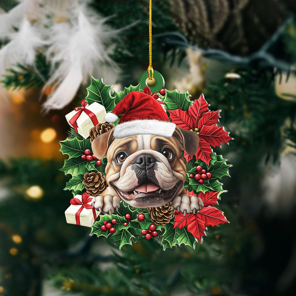 English Bulldog Christmas Wreath Ornament, Cute English Bulldog Christmas Tree Ornament