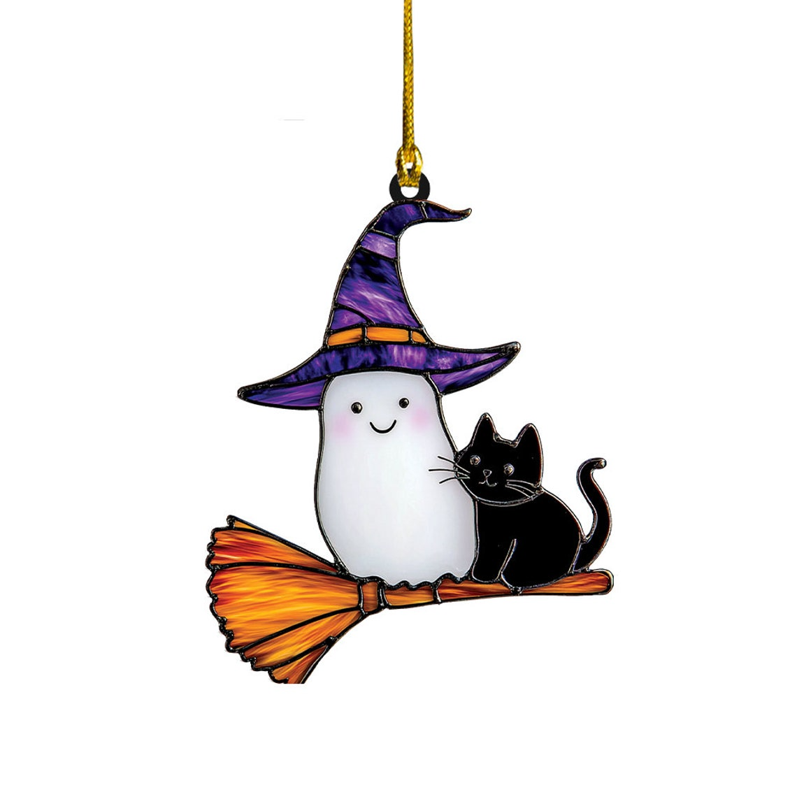 Cute Ghost and Cat Riding Broomstick Halloween Suncatcher, Window Hanging Decor