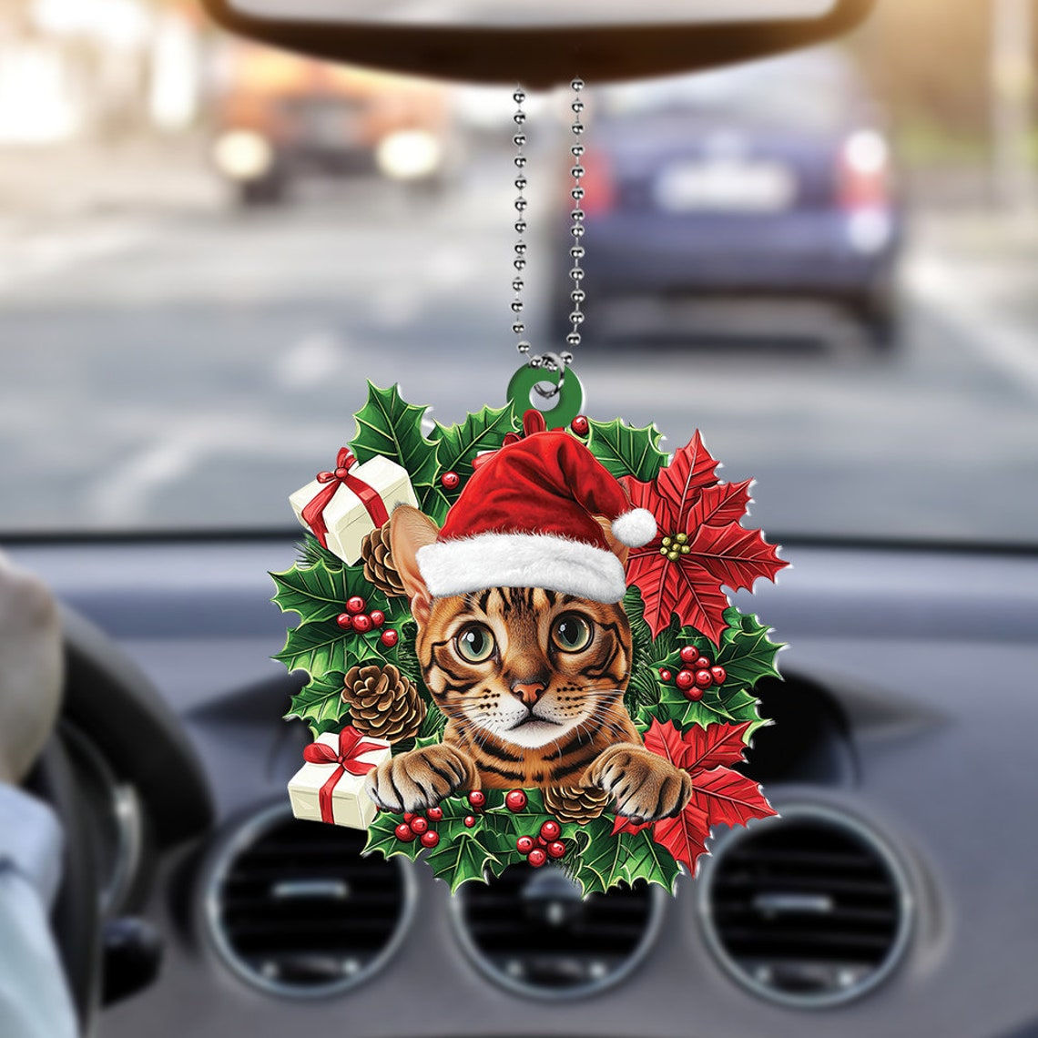 Bengal Cat Hanging Christmas Wreath Ornament, Cute Cat Car Christmas Ornament Holiday Decor