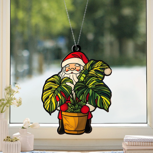 Santa With Monstera Plant Suncatcher Ornament, Santa Monstera Christmas Suncatcher