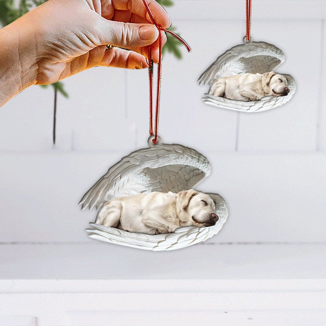 Christmas Labrador Retriever Dog Angel Wings Car Ornament, Cute Dog Sleeping Christmas Ornament