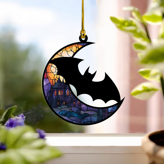 Batman on the Moon Halloween Suncatcher, Moon on Window Hanging Ornament Decor