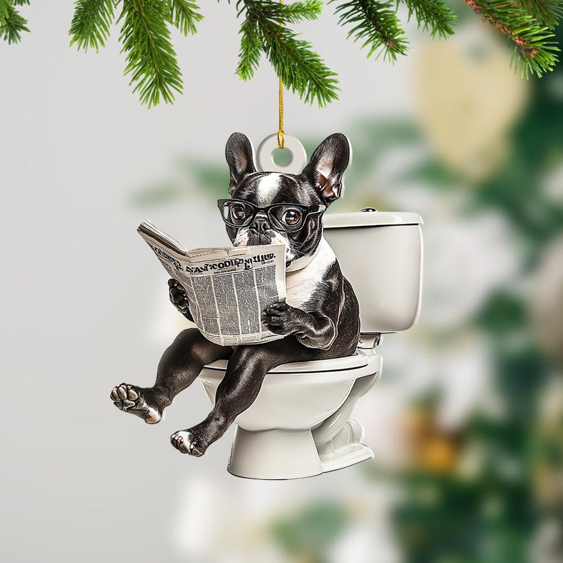 Boston Terrier Dog Sitting On Toilet Ornament, Boston Dog Reading Newspaper Ornament