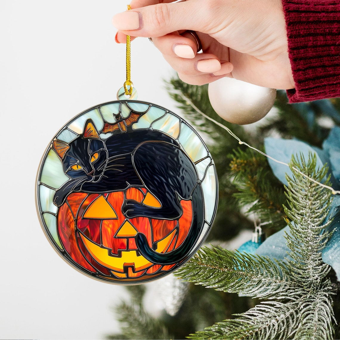 Cat and Bat on The Pumpkin Halloween Suncatcher, Cat Pumpkin Hanging Ornament