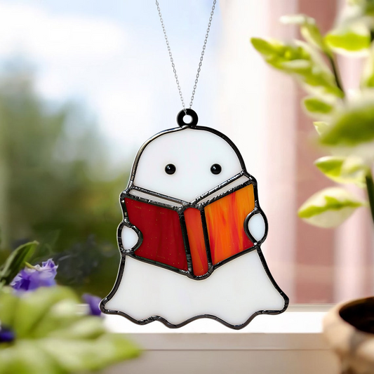 Ghost Reading Book Alone Suncatcher, Ghost Librarian Hanging Ornament Decor