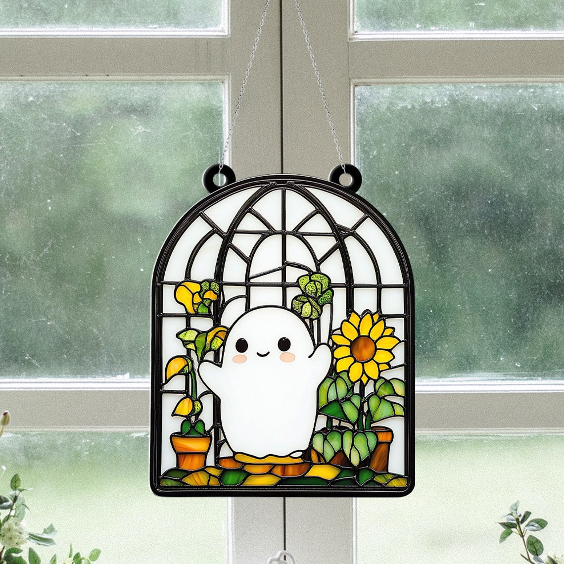 Cute Ghost and Flower Suncatcher, Cute Ghost Funny Hanging Ornament