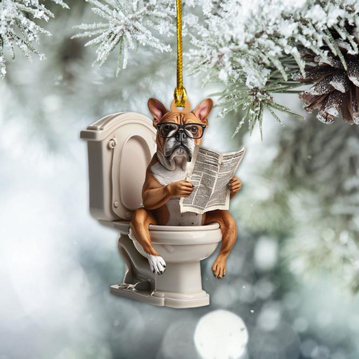 Funny Bulldog Sitting On Toilet Ornament, Bulldog Reading Newspaper Christmas Ornament