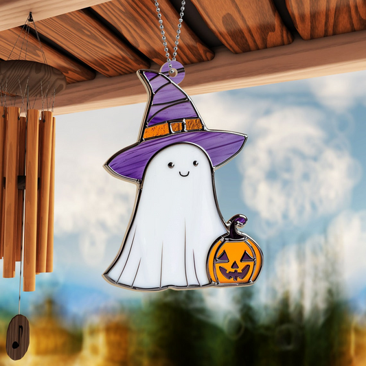 Ghost Purple Hat Witch Suncatcher Decor, Halloween Ghost Hanging Ornament