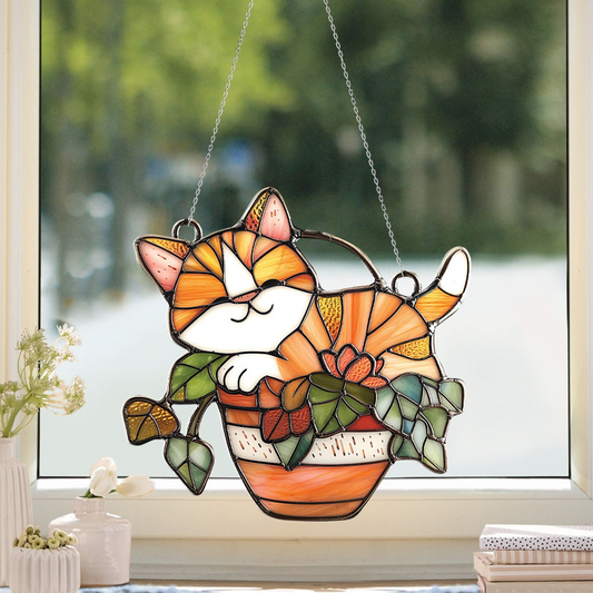 Cute Cat Sleep on Flower Pot Hanging Suncatcher Ornament, Cat on Flower Pot Hanging Decor