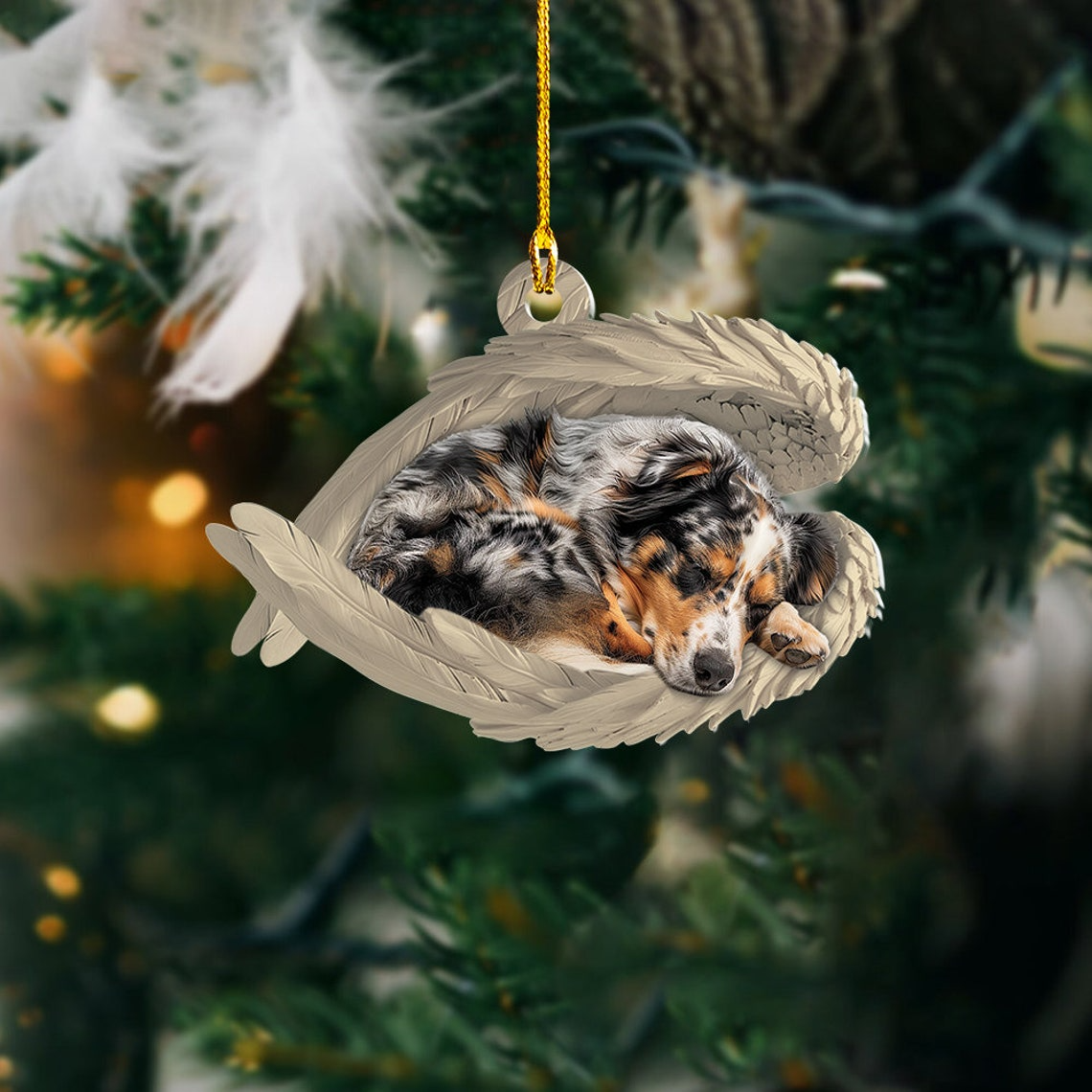 Australian Shepherd Dog Sleeping Angel Wings Ornament, Christmas Shepherd Dog Car Ornament