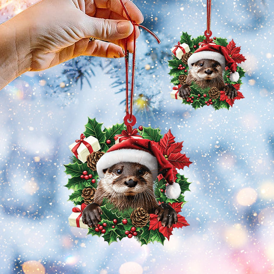 Otter Hanging Christmas Wreath Ornament, Unique Otter Car Christmas Ornament Decor Gift