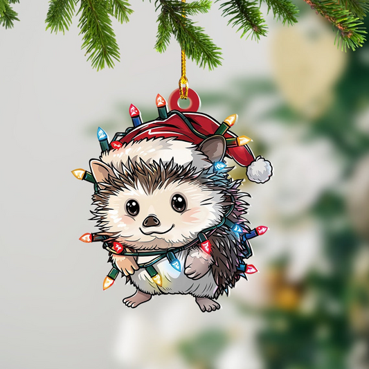 Baby Hedgehog Christmas Lights Ornament, Hedgehog Wearing Hat Santa Christmas Ornament