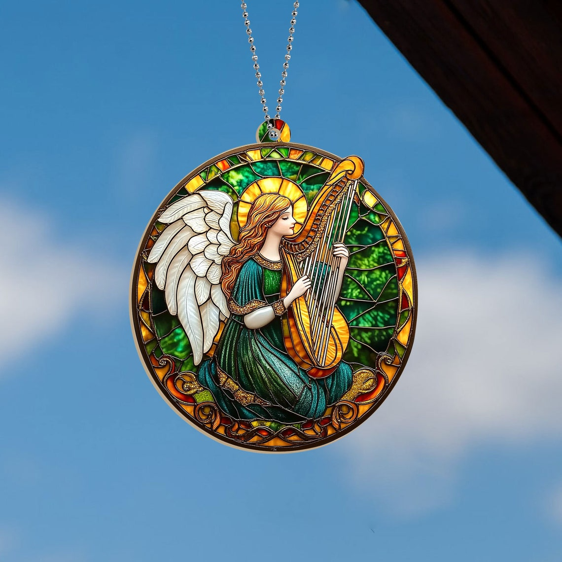 Angel With Harp Christmas Suncatcher, Angel With Harp Window Hanging Ornament Decor