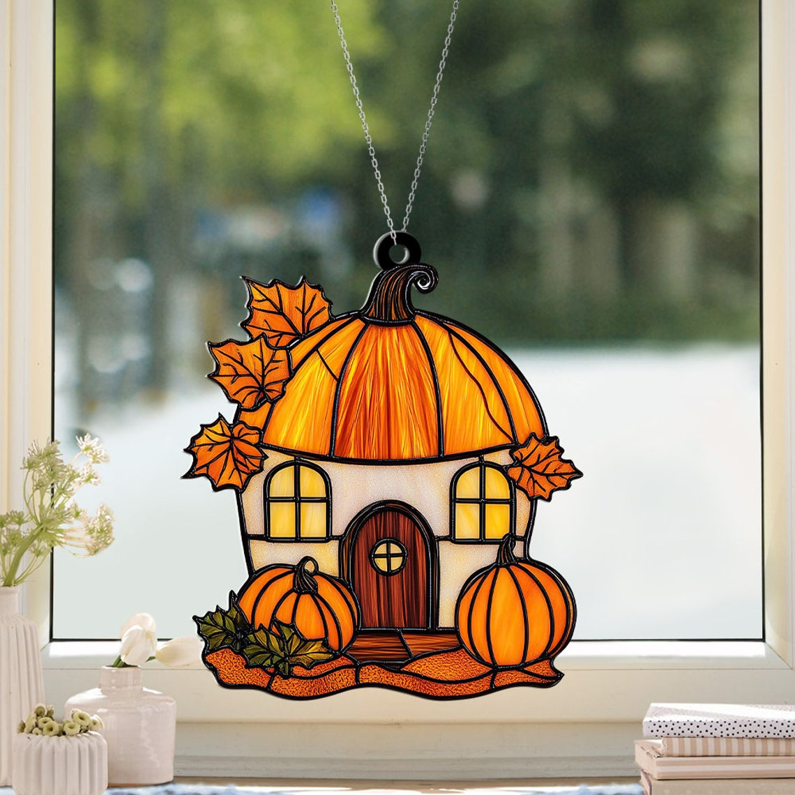 Cute House Pumpkin Autumn Suncatcher, Autumn Thanksgiving Suncatcher