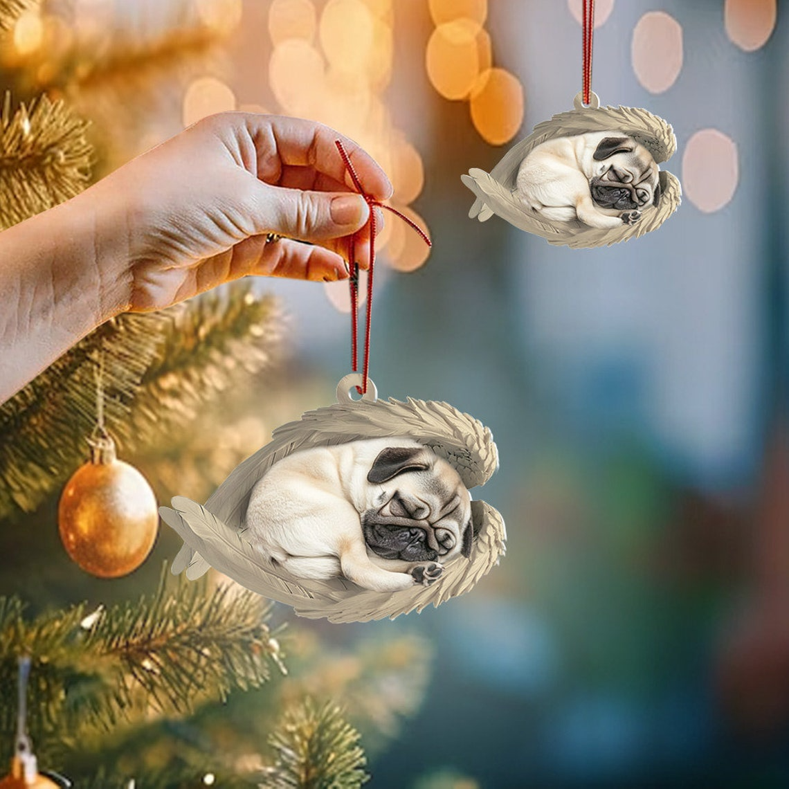 Lovely Pug Dog Hanging Christmas Ornament Gift, Pug Dog Sleeping Angel Wings Ornament Decor