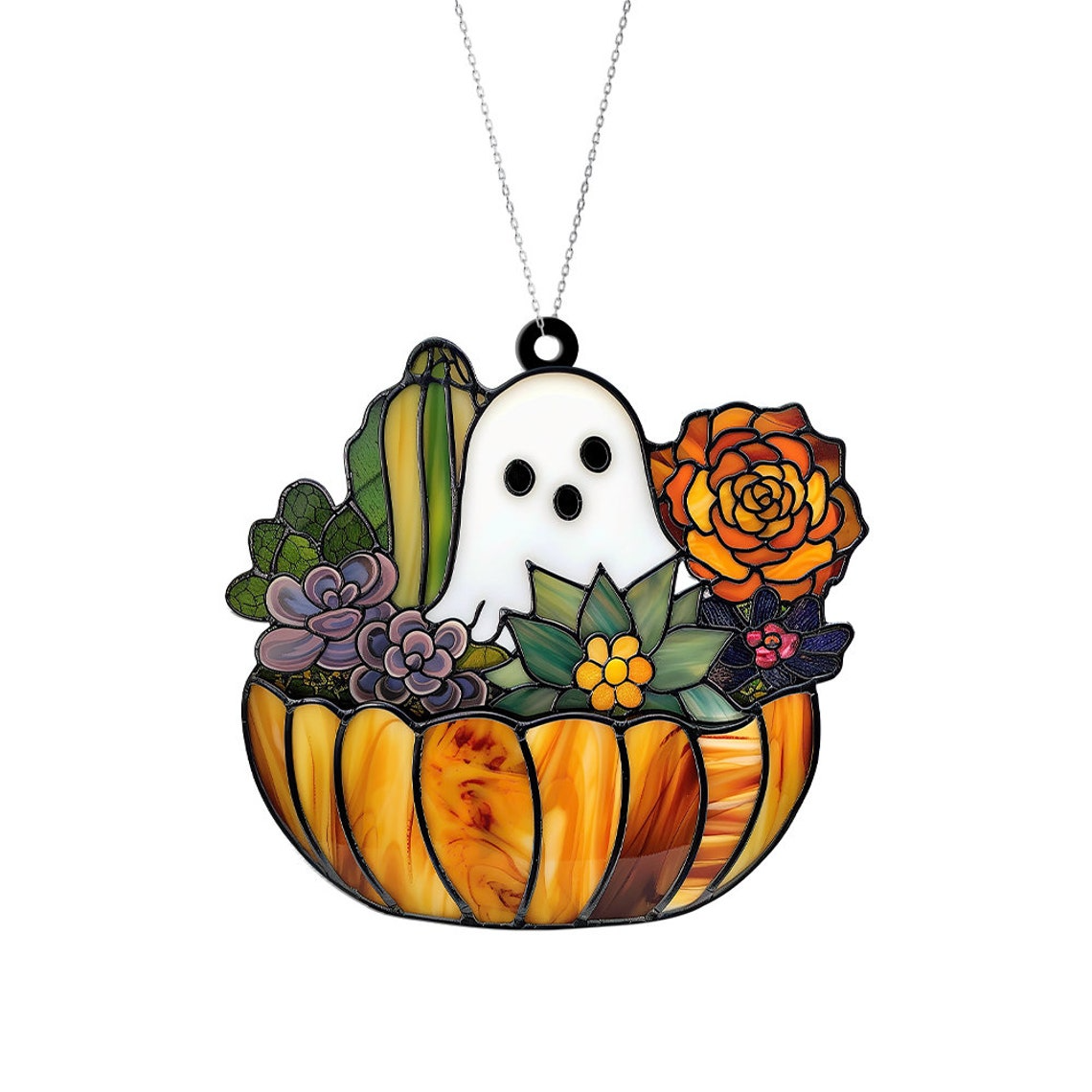 Cute Ghost Cactus Window Suncatcher, Halloween Ghost Succulent Ornament