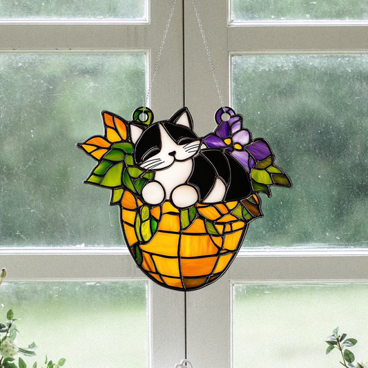 Cat on Plant Pot Flower Suncatcher, Cat Sleeping on Plant Vase Suncatcher