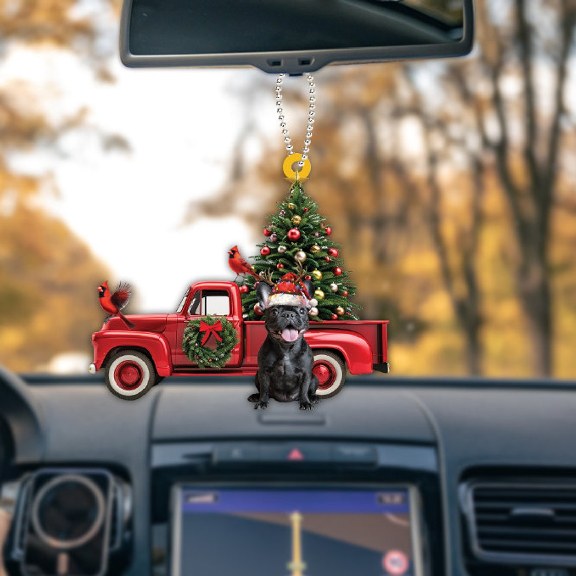 French Bulldog Dog Red Truck Christmas Ornament, French Bulldog Rearview Mirror Car Ornament