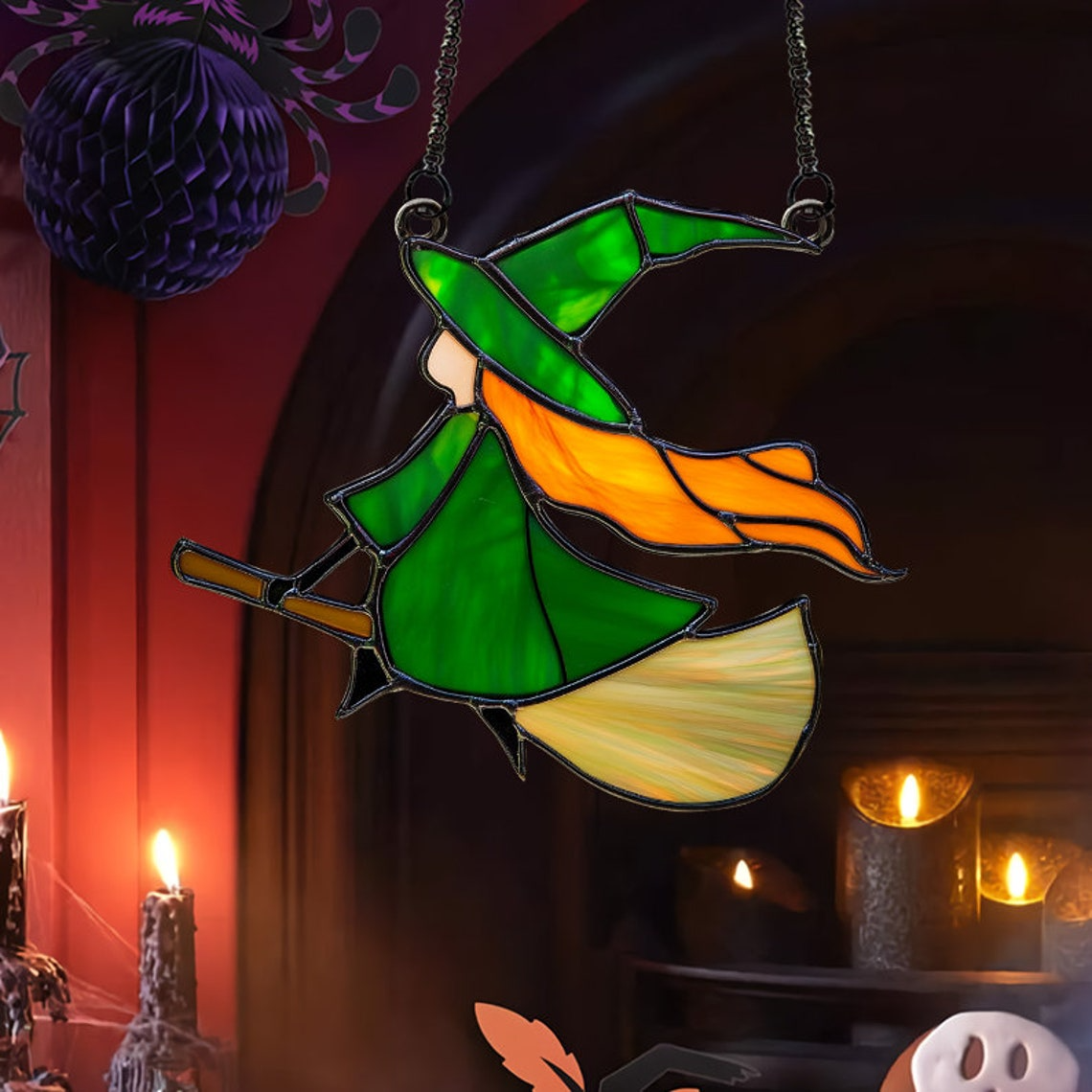 Little Witch Riding Broomstick Suncatcher, Halloween Witch Window Hanging Decor