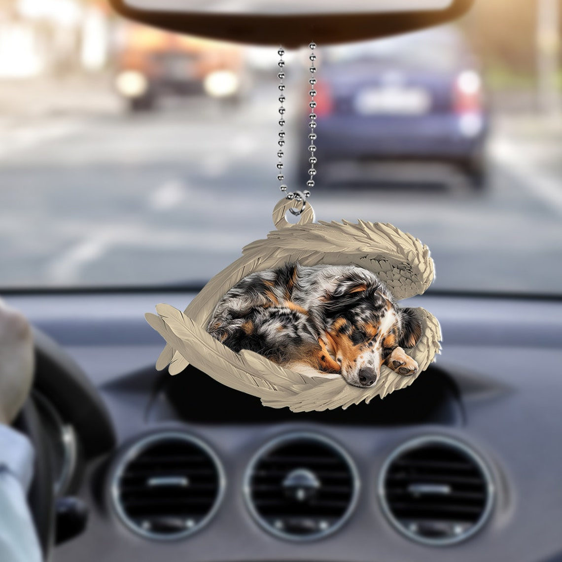 Australian Shepherd Dog Sleeping Angel Wings Ornament, Christmas Shepherd Dog Car Ornament