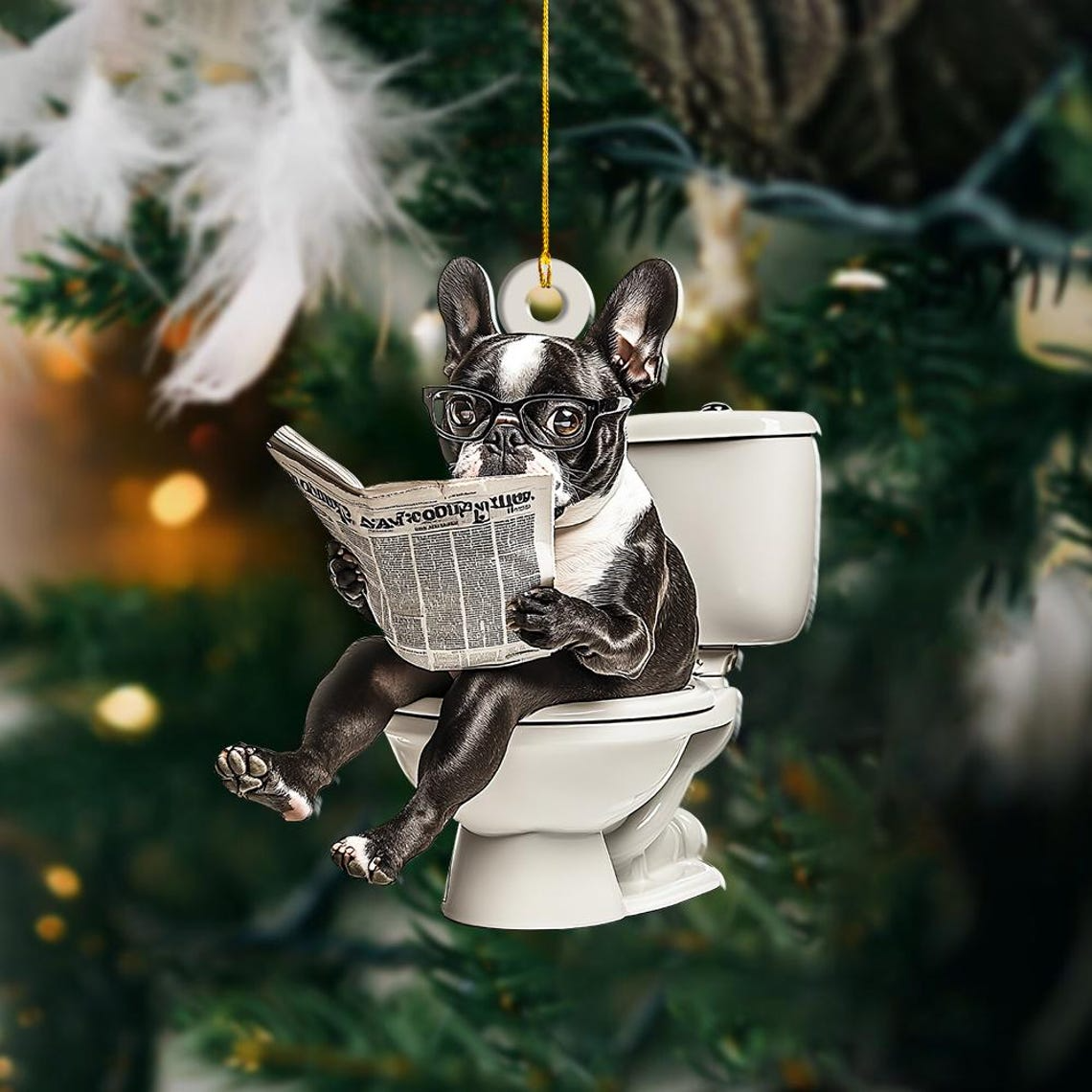 Boston Terrier Dog Sitting On Toilet Ornament, Boston Dog Reading Newspaper Ornament