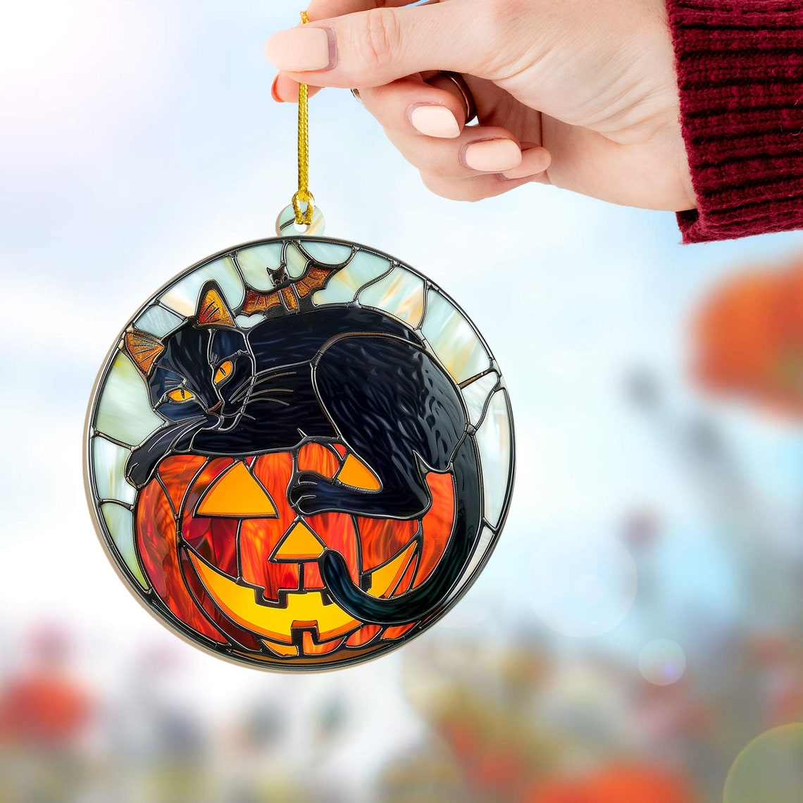 Cat and Bat on The Pumpkin Halloween Suncatcher, Cat Pumpkin Hanging Ornament