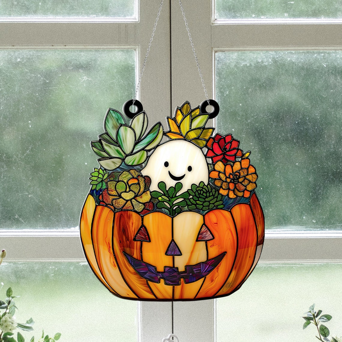 Halloween Ghost Pumpkins & Cactus Suncatcher, Ghost Succulent Gardener Ornament