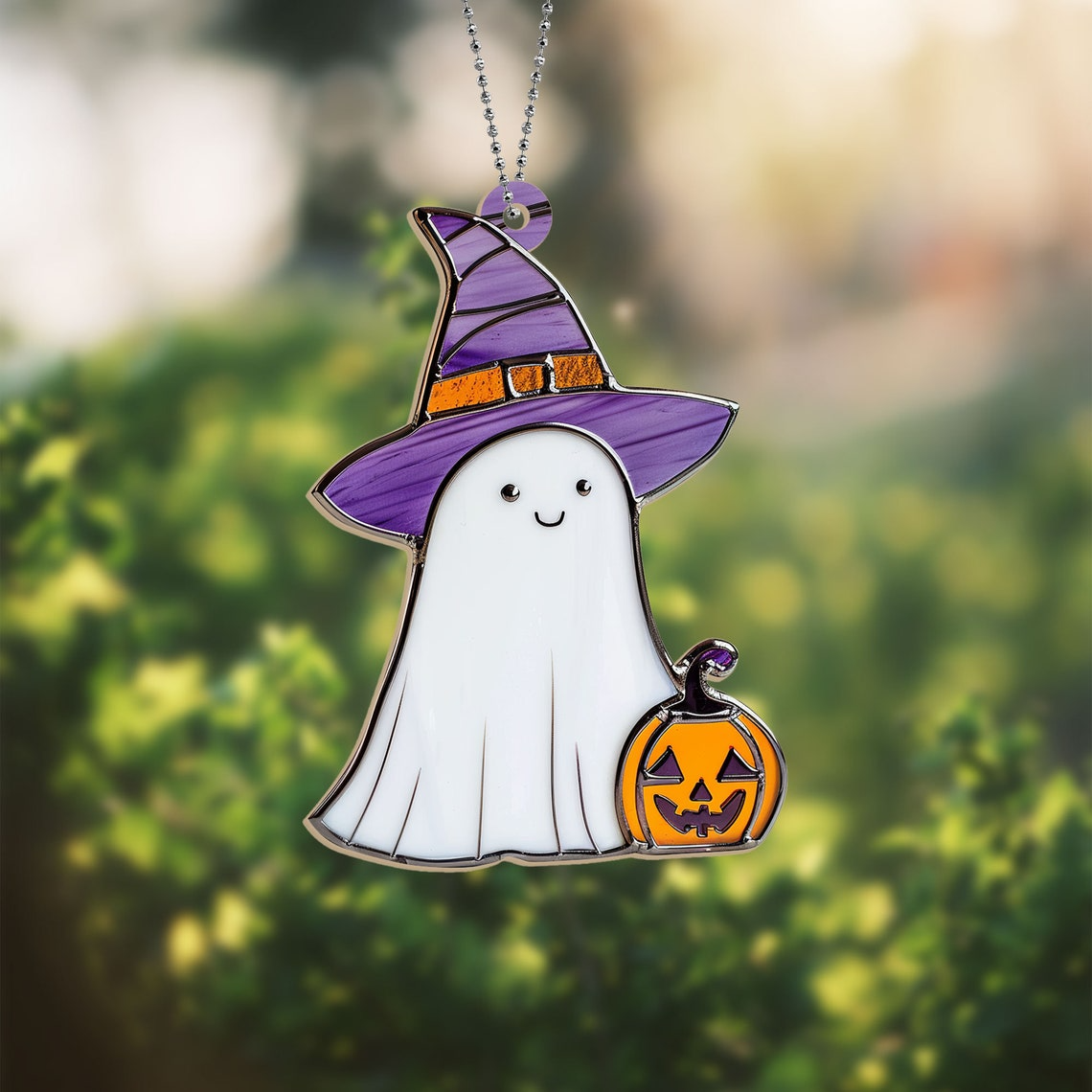 Ghost Purple Hat Witch Suncatcher Decor, Halloween Ghost Hanging Ornament