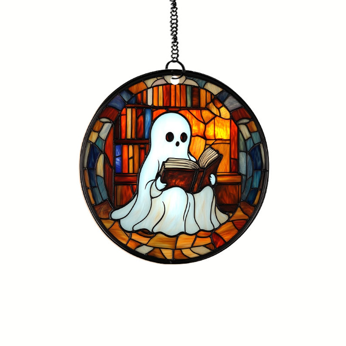 Ghost Reading Book at the Library Suncatcher, Ghost Hanging Ornament Home Decor