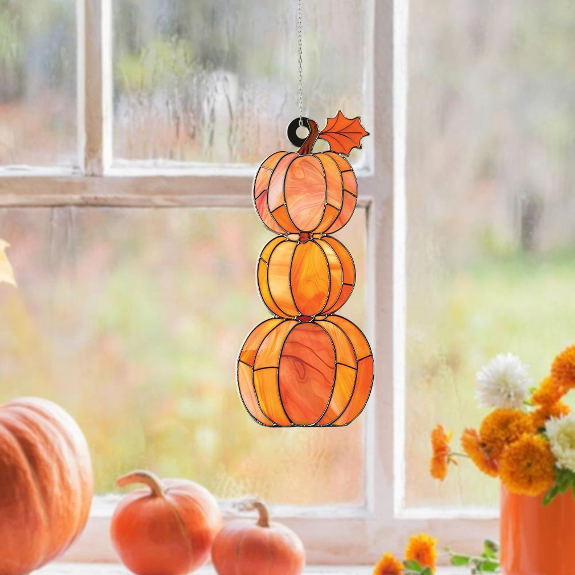 Halloween Pumpkin Suncatcher Ornament, Vintage Pumpkin Fall Ornament Decor