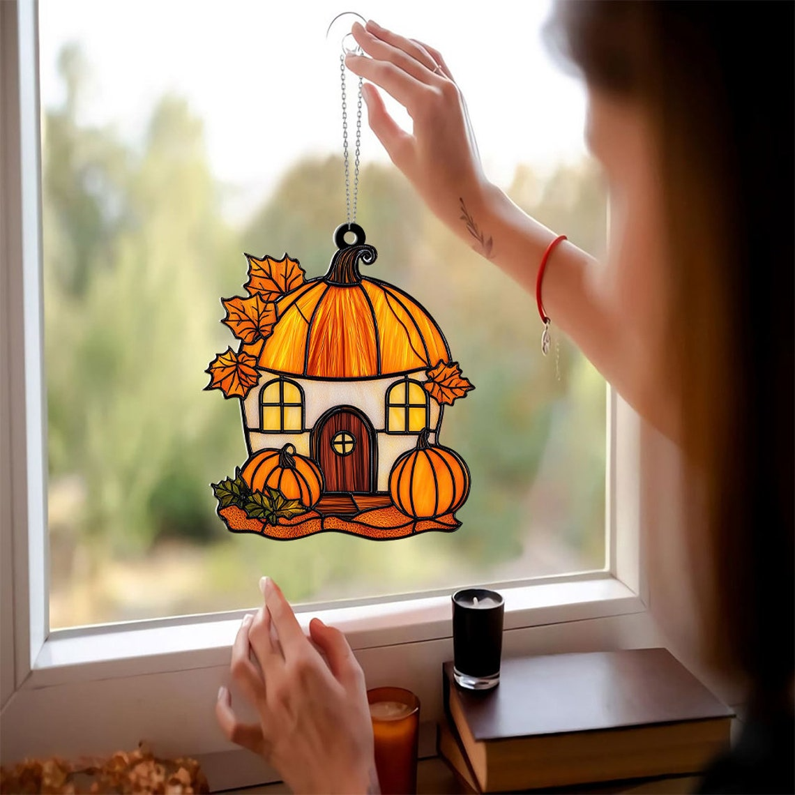 Cute House Pumpkin Autumn Suncatcher, Autumn Thanksgiving Suncatcher