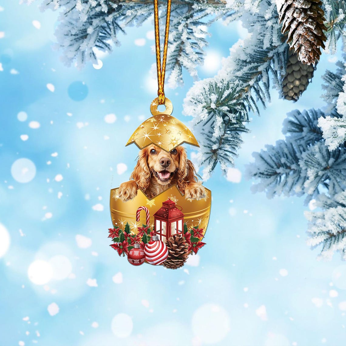 Cocker Spaniel In in Golden Egg Christmas Ornament, Cute Dog Hanging Decor Home Gift