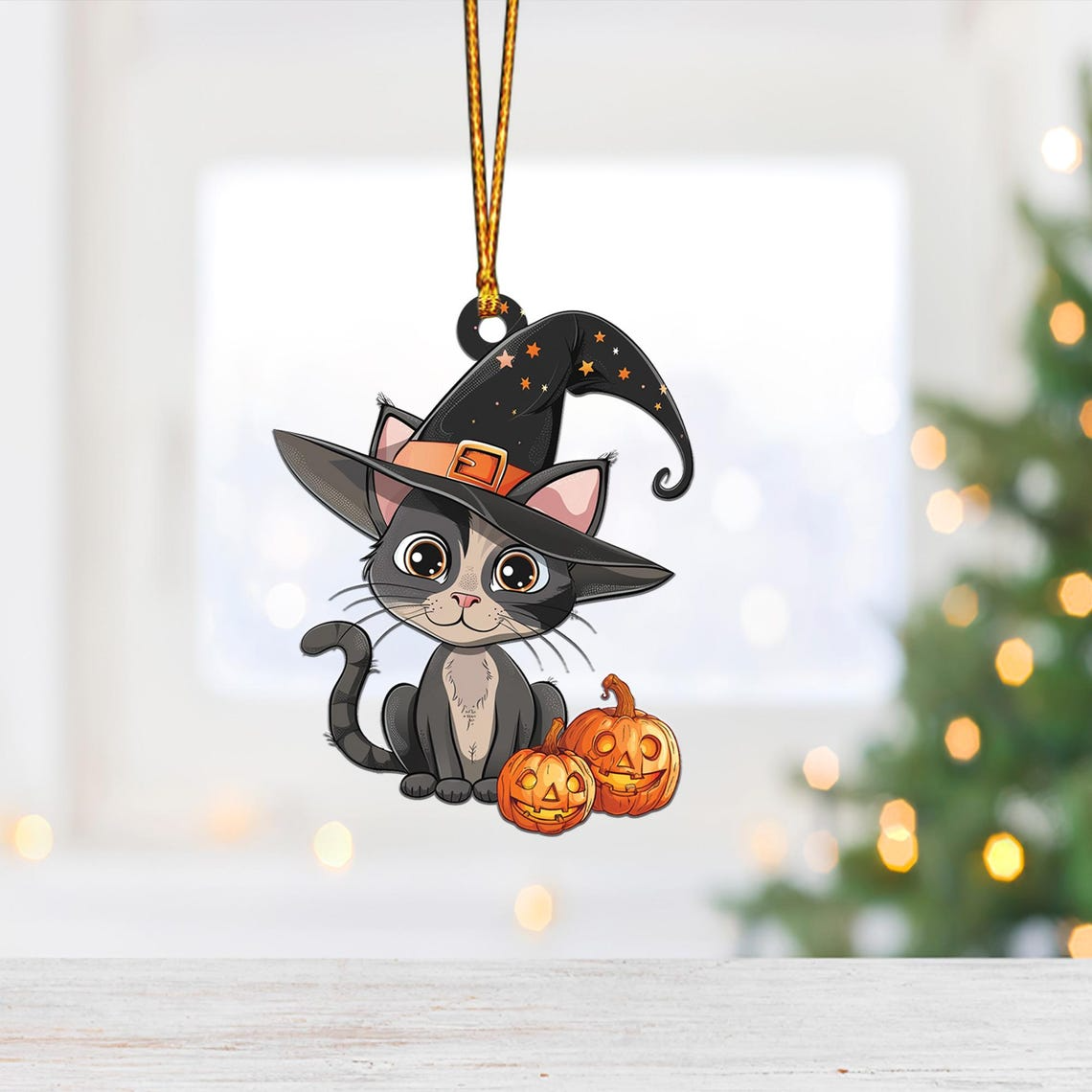 Cat Witchy And Pumpkin Hanging Halloween Ornament, Ornament Halloween Decor Holiday Gift