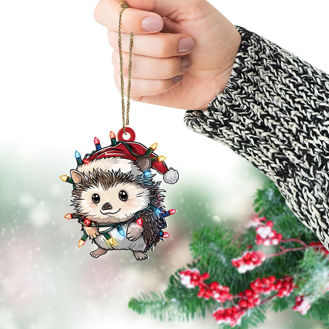 Baby Hedgehog Christmas Lights Ornament, Hedgehog Wearing Hat Santa Christmas Ornament