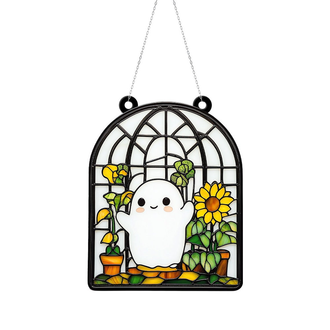 Cute Ghost and Flower Suncatcher, Cute Ghost Funny Hanging Ornament