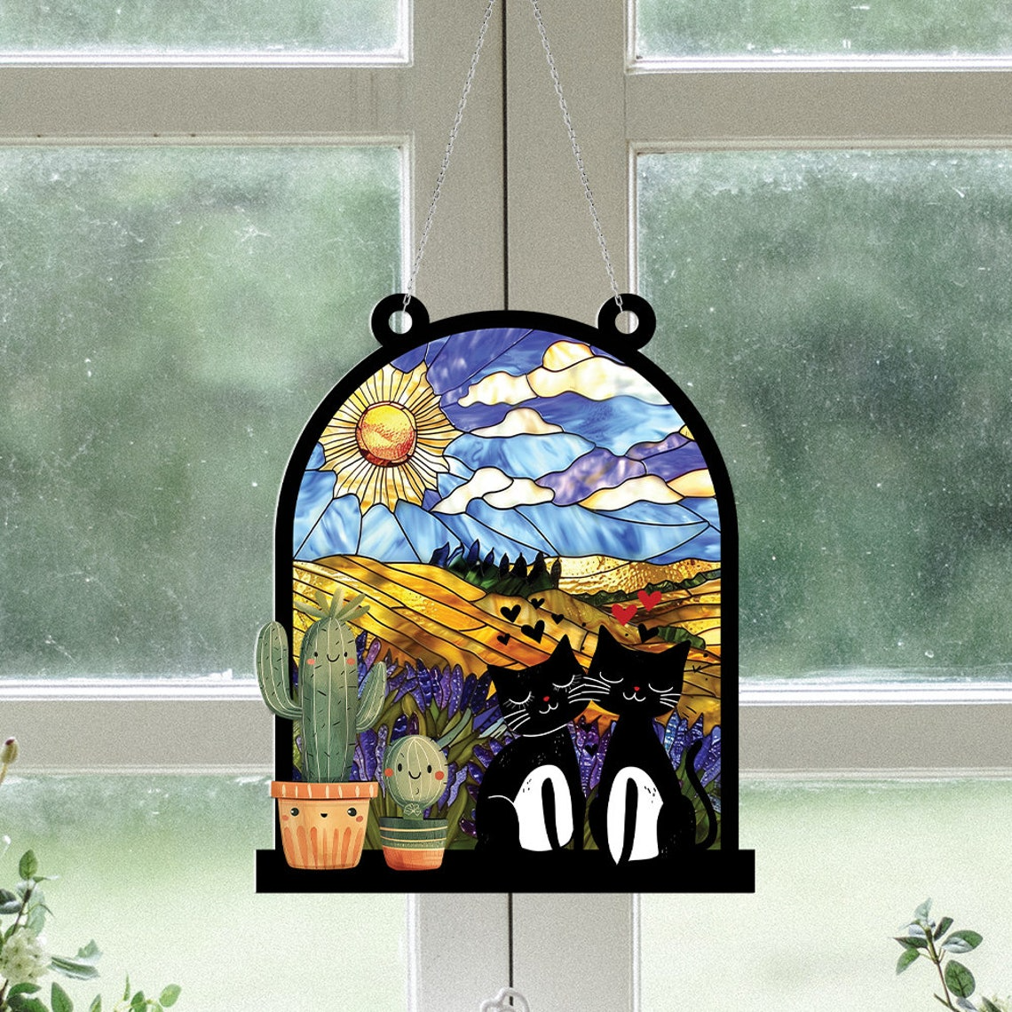 Black Cat Couple Hanging Suncatcher, Cute Cat Couple Window Hanging Decor