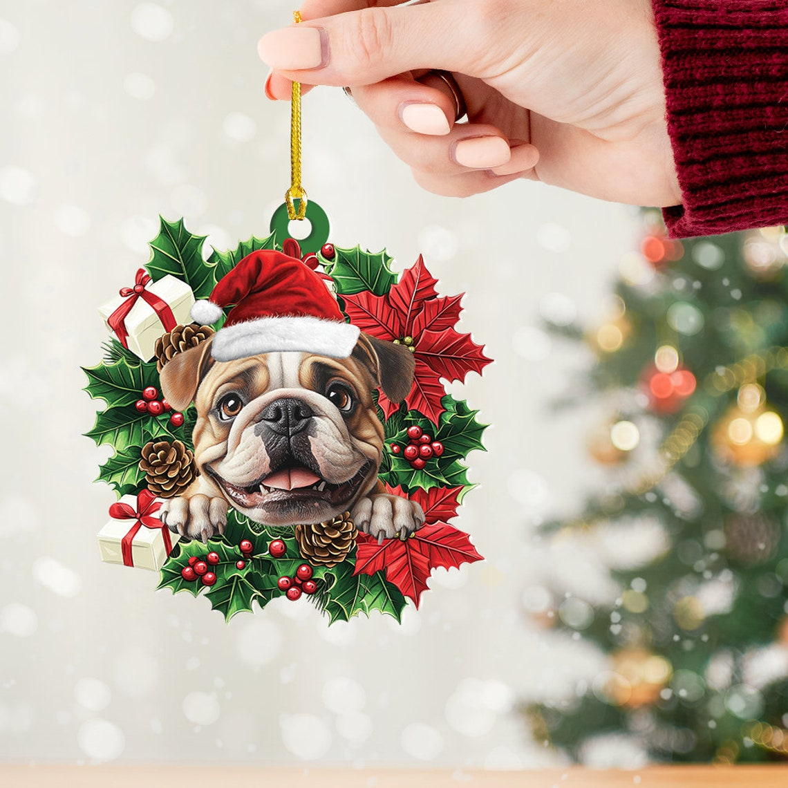 English Bulldog Christmas Wreath Ornament, Cute English Bulldog Christmas Tree Ornament