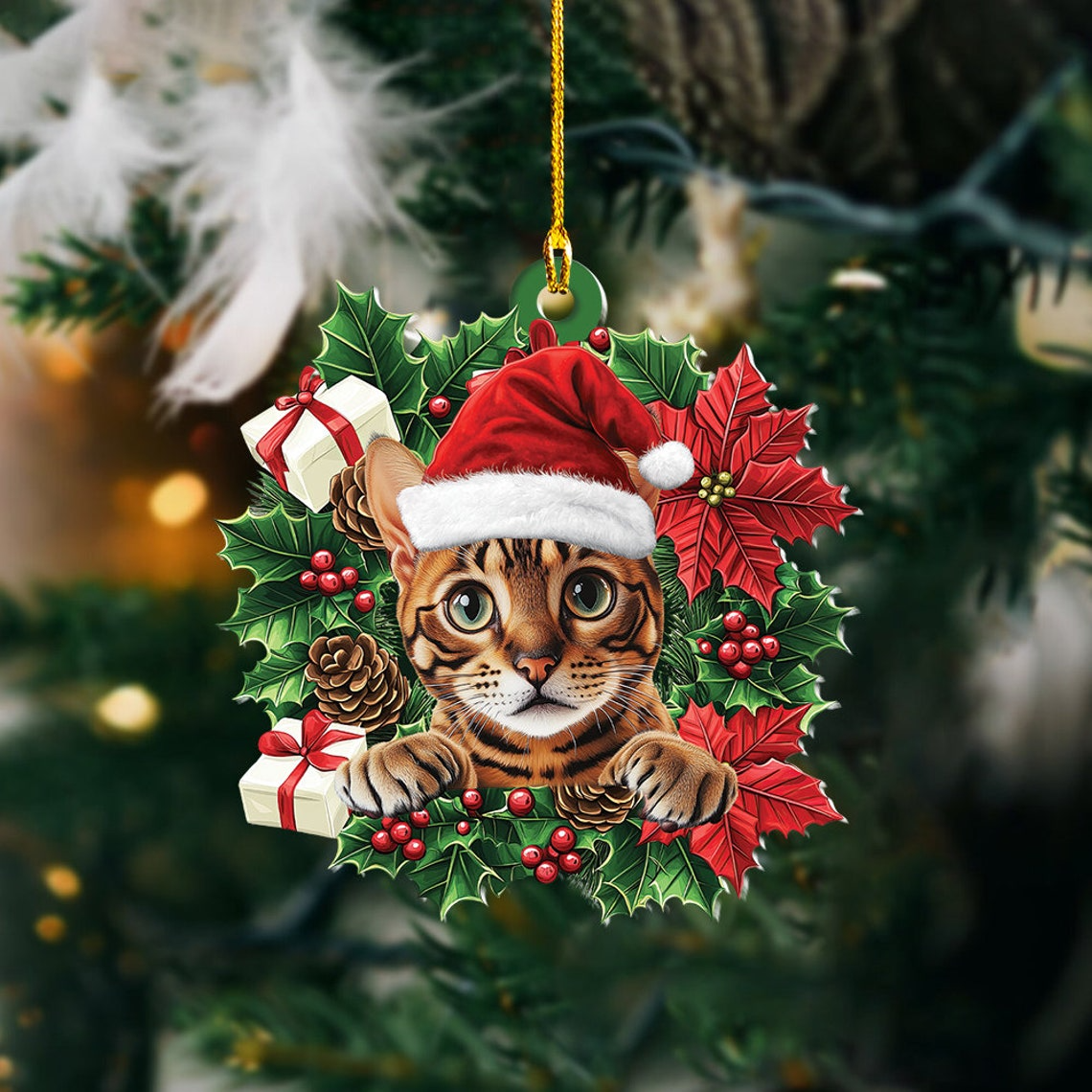 Bengal Cat Hanging Christmas Wreath Ornament, Cute Cat Car Christmas Ornament Holiday Decor