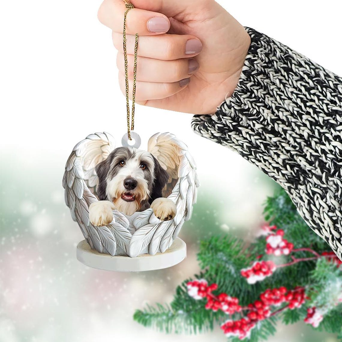 Ornament Bearded Collie Dog Angel Wings Christmas Decor, Bearded Collie Dog Flat Hanging Christmas Ornament