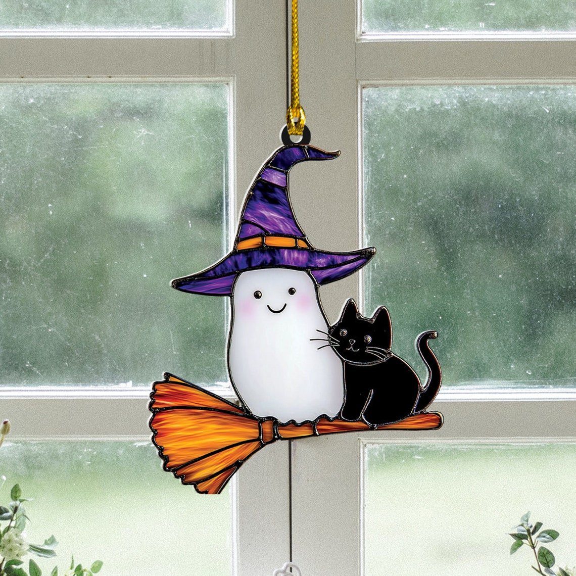 Cute Ghost and Cat Riding Broomstick Halloween Suncatcher, Window Hanging Decor